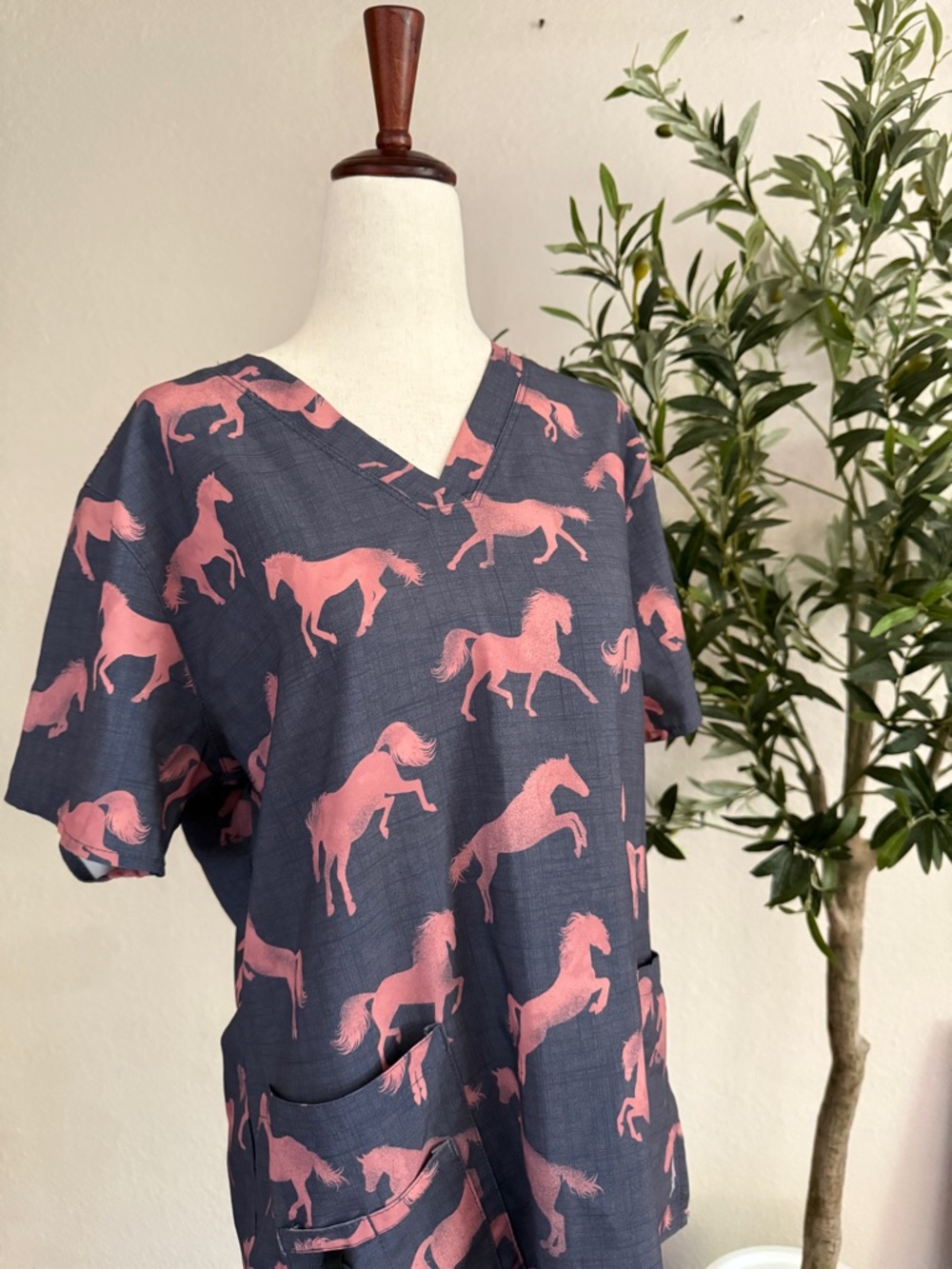 Carhartt Women's V-Neck Scrub Top with Pink Horse Print